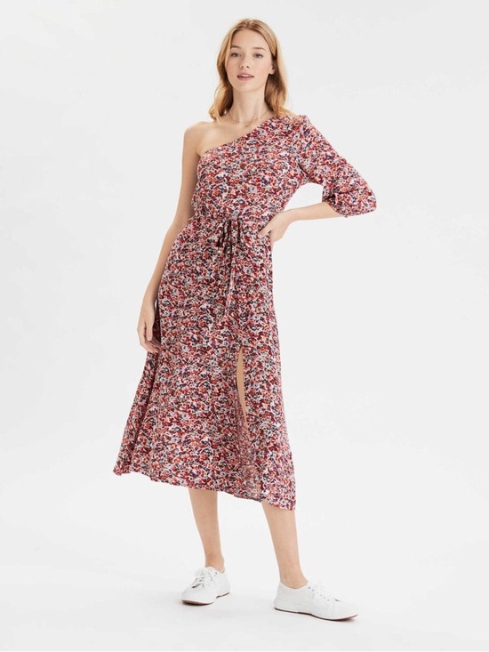 American Eagle Outfitters Dresses & Skirts - American Eagle Outfitters One-Shoulder Floral Midi Dress in Red Multi